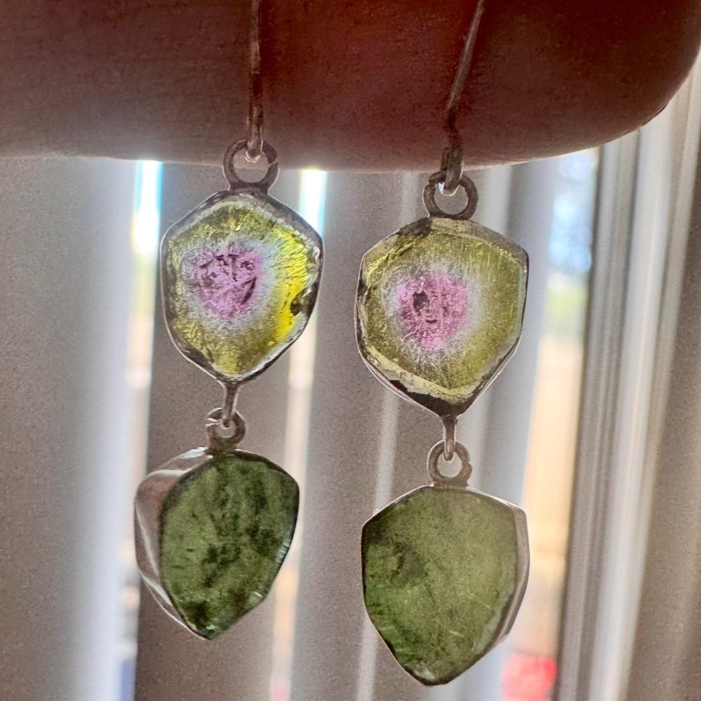 $499 Genuine watermelon tourmaline slice/ green tourmaline earrings